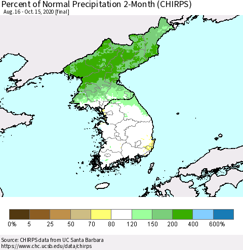 Korea Percent of Normal Precipitation 2-Month (CHIRPS) Thematic Map For 8/16/2020 - 10/15/2020