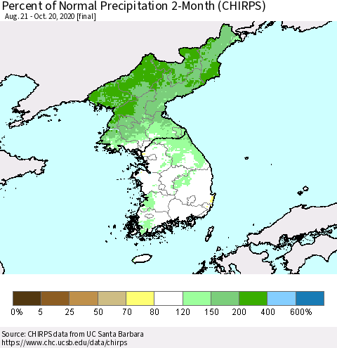 Korea Percent of Normal Precipitation 2-Month (CHIRPS) Thematic Map For 8/21/2020 - 10/20/2020