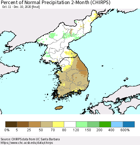 Korea Percent of Normal Precipitation 2-Month (CHIRPS) Thematic Map For 10/11/2020 - 12/10/2020