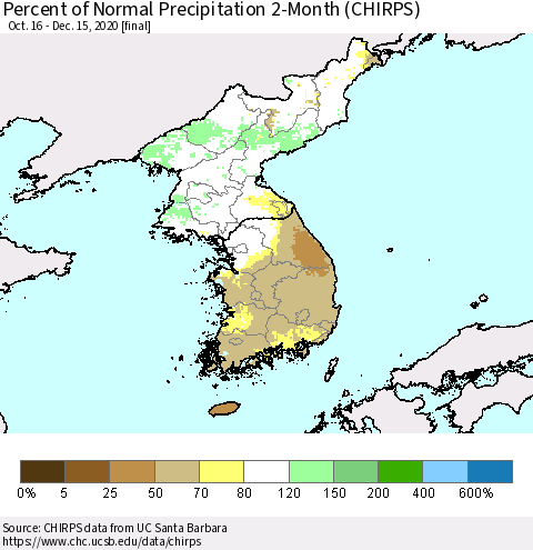 Korea Percent of Normal Precipitation 2-Month (CHIRPS) Thematic Map For 10/16/2020 - 12/15/2020