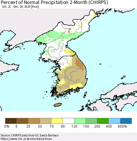 Korea Percent of Normal Precipitation 2-Month (CHIRPS) Thematic Map For 10/21/2020 - 12/20/2020