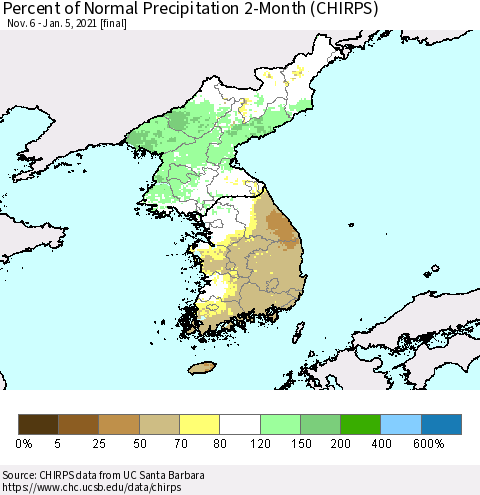 Korea Percent of Normal Precipitation 2-Month (CHIRPS) Thematic Map For 11/6/2020 - 1/5/2021