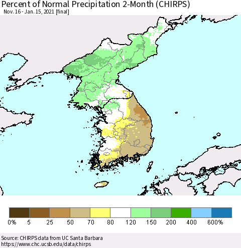 Korea Percent of Normal Precipitation 2-Month (CHIRPS) Thematic Map For 11/16/2020 - 1/15/2021