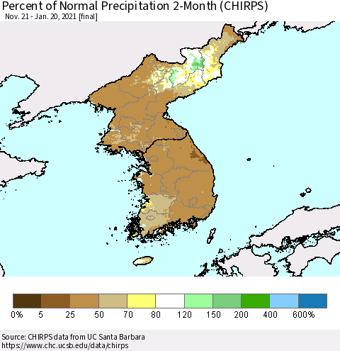 Korea Percent of Normal Precipitation 2-Month (CHIRPS) Thematic Map For 11/21/2020 - 1/20/2021