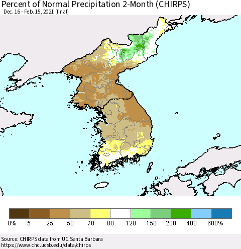 Korea Percent of Normal Precipitation 2-Month (CHIRPS) Thematic Map For 12/16/2020 - 2/15/2021