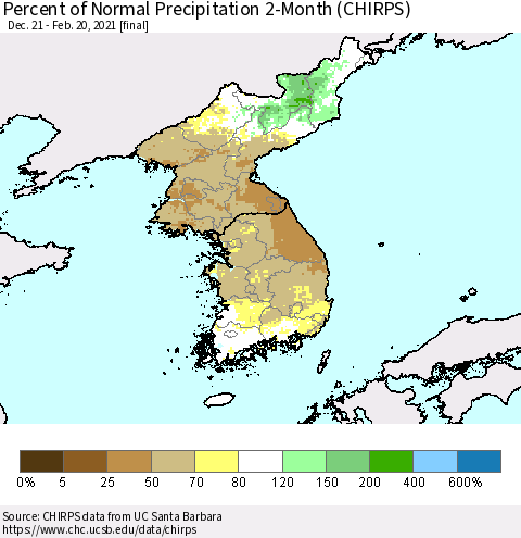 Korea Percent of Normal Precipitation 2-Month (CHIRPS) Thematic Map For 12/21/2020 - 2/20/2021