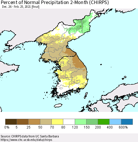 Korea Percent of Normal Precipitation 2-Month (CHIRPS) Thematic Map For 12/26/2020 - 2/25/2021