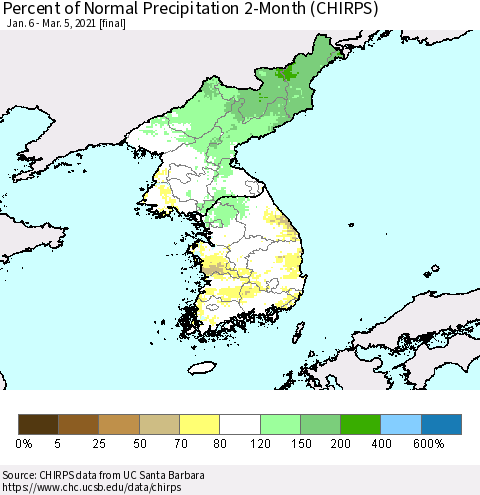 Korea Percent of Normal Precipitation 2-Month (CHIRPS) Thematic Map For 1/6/2021 - 3/5/2021