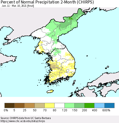 Korea Percent of Normal Precipitation 2-Month (CHIRPS) Thematic Map For 1/11/2021 - 3/10/2021