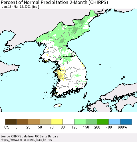 Korea Percent of Normal Precipitation 2-Month (CHIRPS) Thematic Map For 1/16/2021 - 3/15/2021