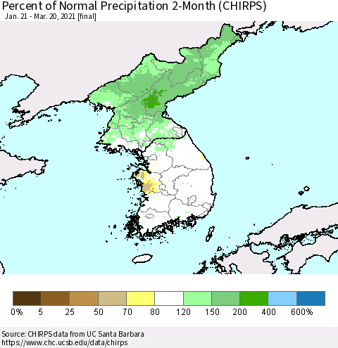 Korea Percent of Normal Precipitation 2-Month (CHIRPS) Thematic Map For 1/21/2021 - 3/20/2021