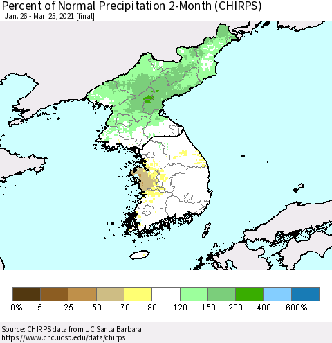 Korea Percent of Normal Precipitation 2-Month (CHIRPS) Thematic Map For 1/26/2021 - 3/25/2021