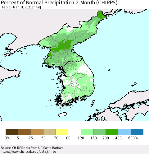 Korea Percent of Normal Precipitation 2-Month (CHIRPS) Thematic Map For 2/1/2021 - 3/31/2021