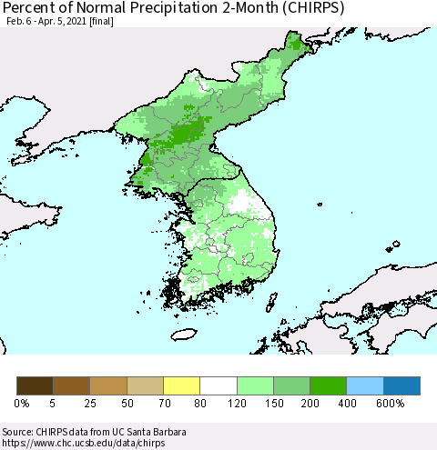 Korea Percent of Normal Precipitation 2-Month (CHIRPS) Thematic Map For 2/6/2021 - 4/5/2021