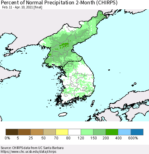 Korea Percent of Normal Precipitation 2-Month (CHIRPS) Thematic Map For 2/11/2021 - 4/10/2021