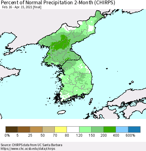 Korea Percent of Normal Precipitation 2-Month (CHIRPS) Thematic Map For 2/16/2021 - 4/15/2021