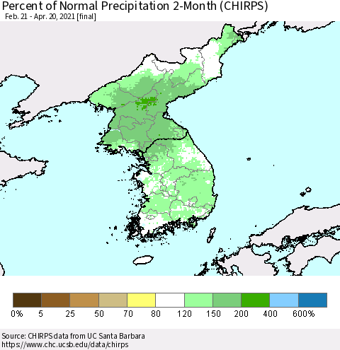 Korea Percent of Normal Precipitation 2-Month (CHIRPS) Thematic Map For 2/21/2021 - 4/20/2021