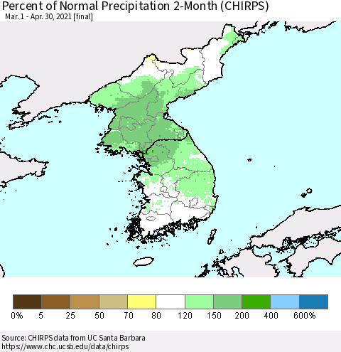Korea Percent of Normal Precipitation 2-Month (CHIRPS) Thematic Map For 3/1/2021 - 4/30/2021