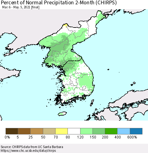 Korea Percent of Normal Precipitation 2-Month (CHIRPS) Thematic Map For 3/6/2021 - 5/5/2021