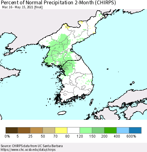 Korea Percent of Normal Precipitation 2-Month (CHIRPS) Thematic Map For 3/16/2021 - 5/15/2021