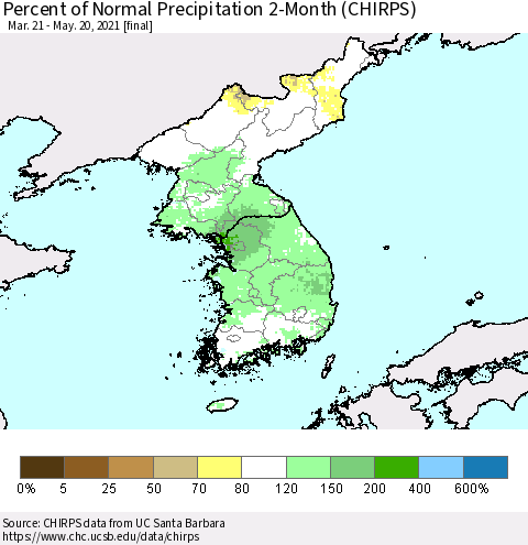 Korea Percent of Normal Precipitation 2-Month (CHIRPS) Thematic Map For 3/21/2021 - 5/20/2021