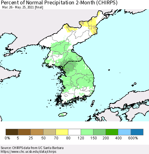 Korea Percent of Normal Precipitation 2-Month (CHIRPS) Thematic Map For 3/26/2021 - 5/25/2021