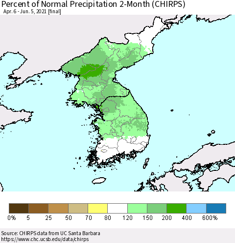 Korea Percent of Normal Precipitation 2-Month (CHIRPS) Thematic Map For 4/6/2021 - 6/5/2021