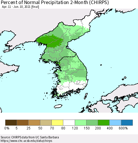 Korea Percent of Normal Precipitation 2-Month (CHIRPS) Thematic Map For 4/11/2021 - 6/10/2021