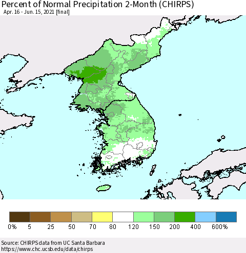 Korea Percent of Normal Precipitation 2-Month (CHIRPS) Thematic Map For 4/16/2021 - 6/15/2021