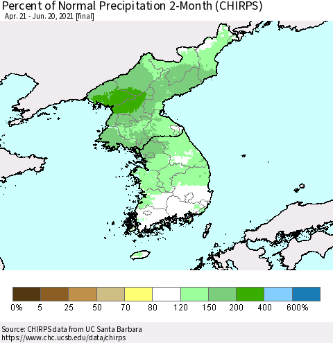 Korea Percent of Normal Precipitation 2-Month (CHIRPS) Thematic Map For 4/21/2021 - 6/20/2021