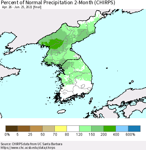 Korea Percent of Normal Precipitation 2-Month (CHIRPS) Thematic Map For 4/26/2021 - 6/25/2021