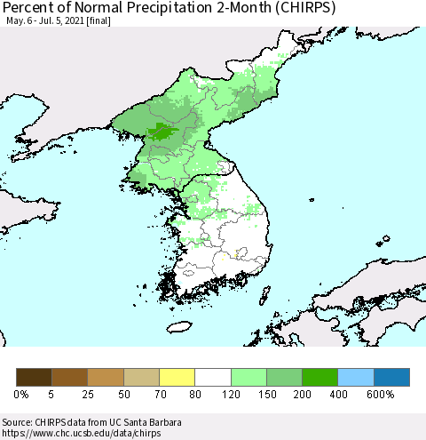 Korea Percent of Normal Precipitation 2-Month (CHIRPS) Thematic Map For 5/6/2021 - 7/5/2021
