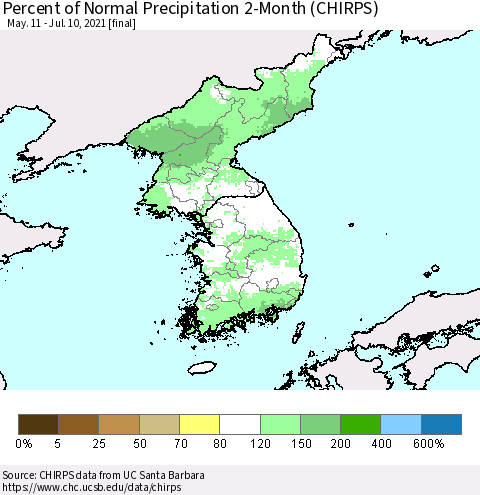 Korea Percent of Normal Precipitation 2-Month (CHIRPS) Thematic Map For 5/11/2021 - 7/10/2021