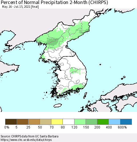 Korea Percent of Normal Precipitation 2-Month (CHIRPS) Thematic Map For 5/16/2021 - 7/15/2021