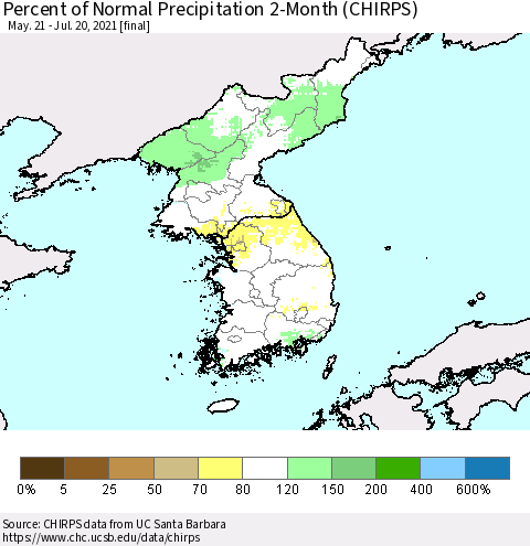 Korea Percent of Normal Precipitation 2-Month (CHIRPS) Thematic Map For 5/21/2021 - 7/20/2021
