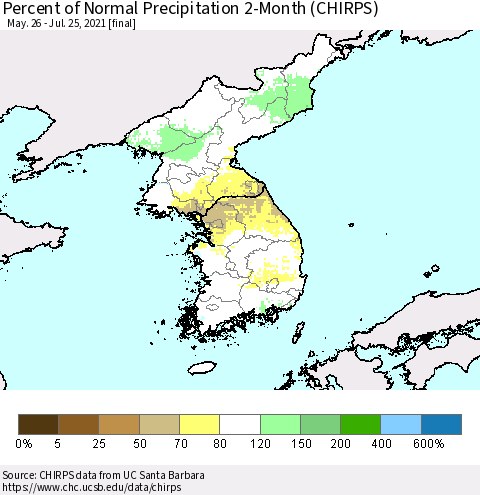 Korea Percent of Normal Precipitation 2-Month (CHIRPS) Thematic Map For 5/26/2021 - 7/25/2021