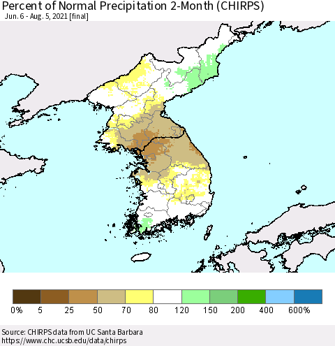 Korea Percent of Normal Precipitation 2-Month (CHIRPS) Thematic Map For 6/6/2021 - 8/5/2021