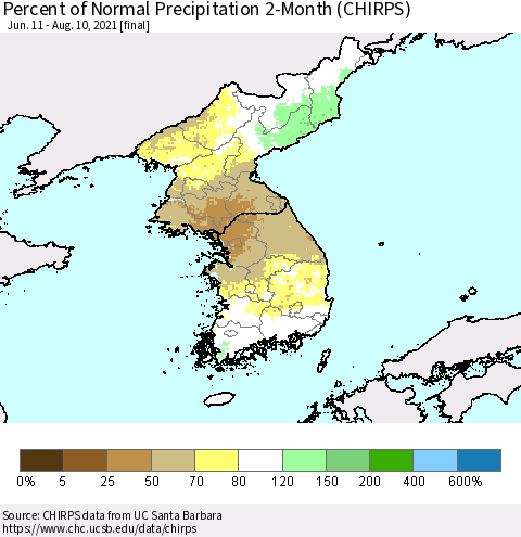 Korea Percent of Normal Precipitation 2-Month (CHIRPS) Thematic Map For 6/11/2021 - 8/10/2021