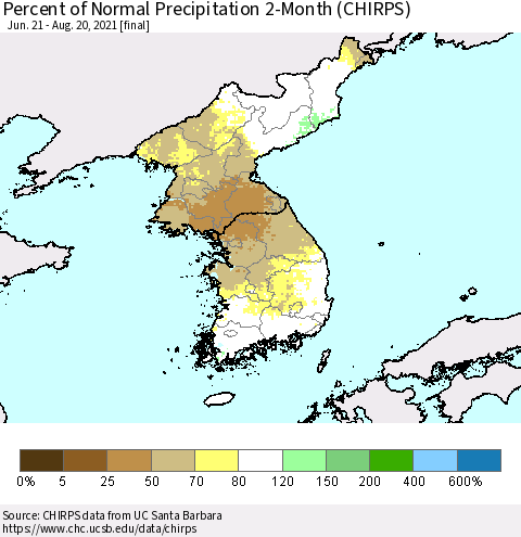 Korea Percent of Normal Precipitation 2-Month (CHIRPS) Thematic Map For 6/21/2021 - 8/20/2021