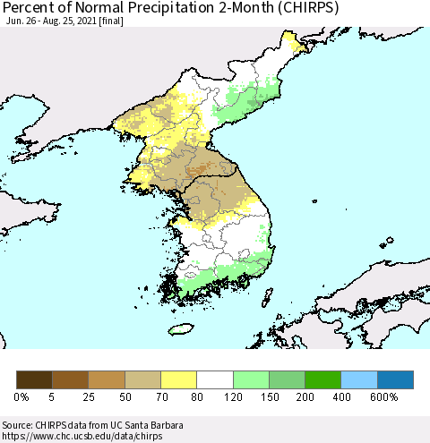 Korea Percent of Normal Precipitation 2-Month (CHIRPS) Thematic Map For 6/26/2021 - 8/25/2021