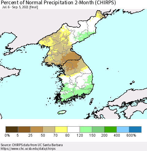 Korea Percent of Normal Precipitation 2-Month (CHIRPS) Thematic Map For 7/6/2021 - 9/5/2021