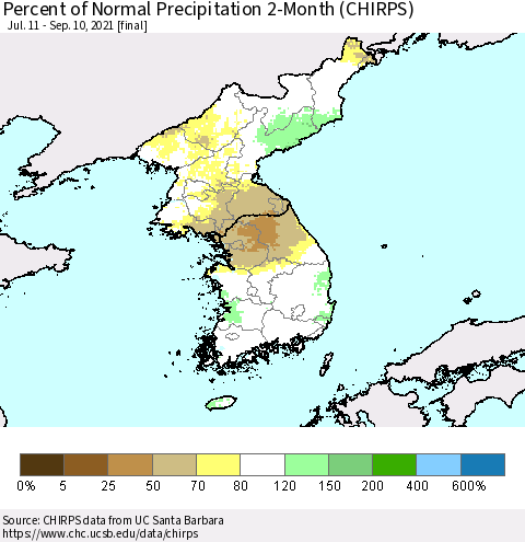 Korea Percent of Normal Precipitation 2-Month (CHIRPS) Thematic Map For 7/11/2021 - 9/10/2021