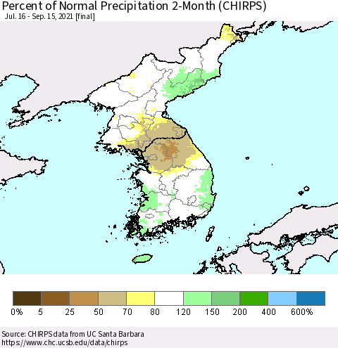 Korea Percent of Normal Precipitation 2-Month (CHIRPS) Thematic Map For 7/16/2021 - 9/15/2021