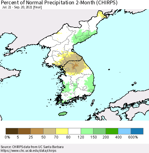 Korea Percent of Normal Precipitation 2-Month (CHIRPS) Thematic Map For 7/21/2021 - 9/20/2021