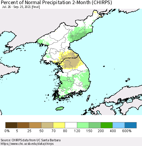 Korea Percent of Normal Precipitation 2-Month (CHIRPS) Thematic Map For 7/26/2021 - 9/25/2021