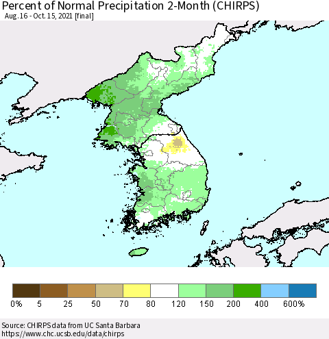 Korea Percent of Normal Precipitation 2-Month (CHIRPS) Thematic Map For 8/16/2021 - 10/15/2021