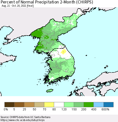 Korea Percent of Normal Precipitation 2-Month (CHIRPS) Thematic Map For 8/21/2021 - 10/20/2021