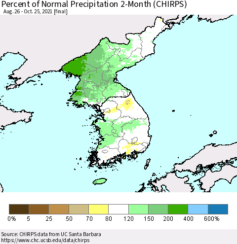 Korea Percent of Normal Precipitation 2-Month (CHIRPS) Thematic Map For 8/26/2021 - 10/25/2021