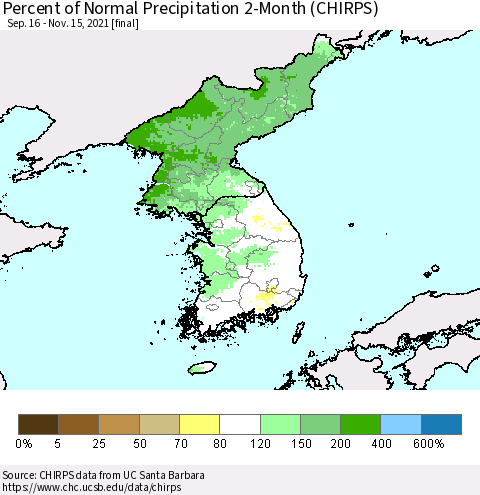 Korea Percent of Normal Precipitation 2-Month (CHIRPS) Thematic Map For 9/16/2021 - 11/15/2021