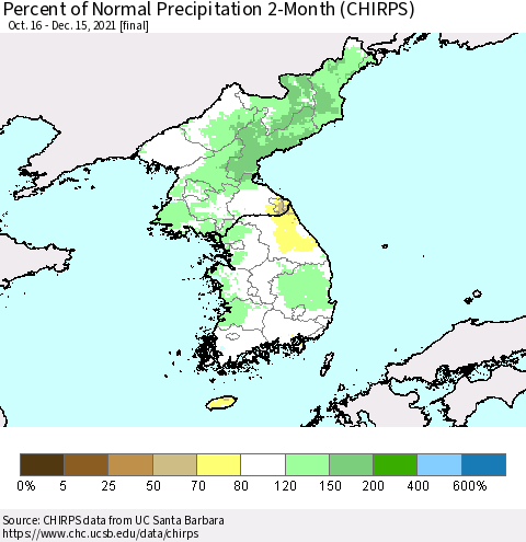 Korea Percent of Normal Precipitation 2-Month (CHIRPS) Thematic Map For 10/16/2021 - 12/15/2021